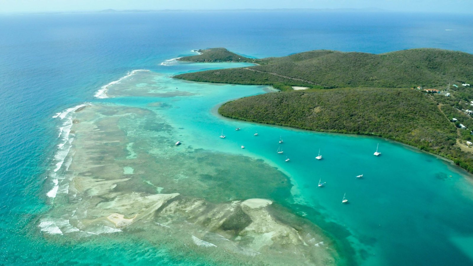 Aerial view of Culebra island in Puerto Rico and turquoise waters of Caribbean sea