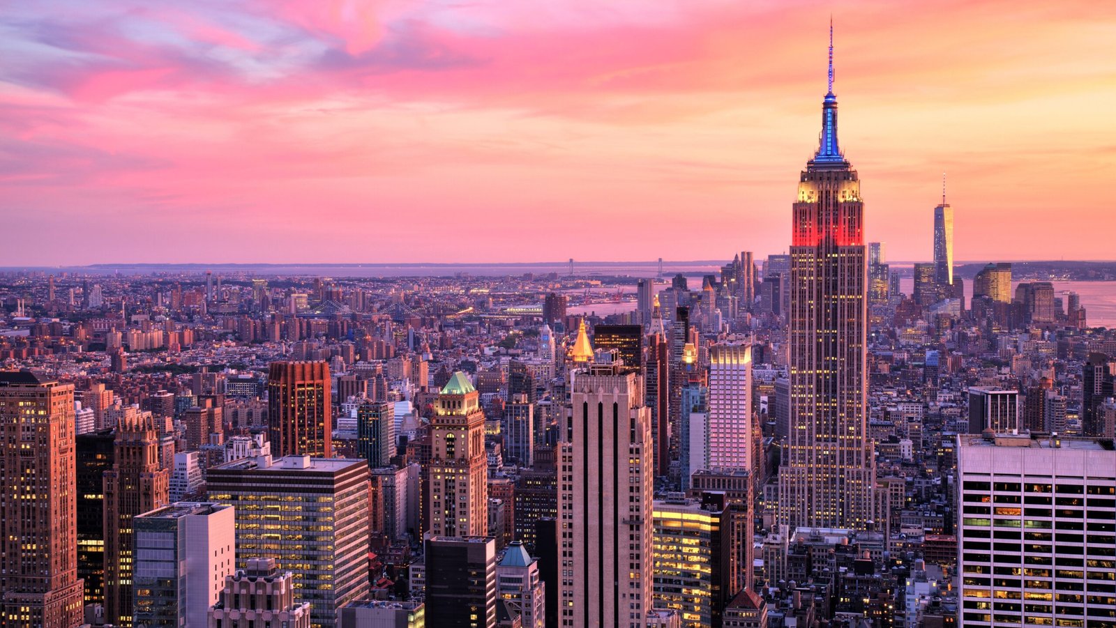 The New York city skyline at sunset